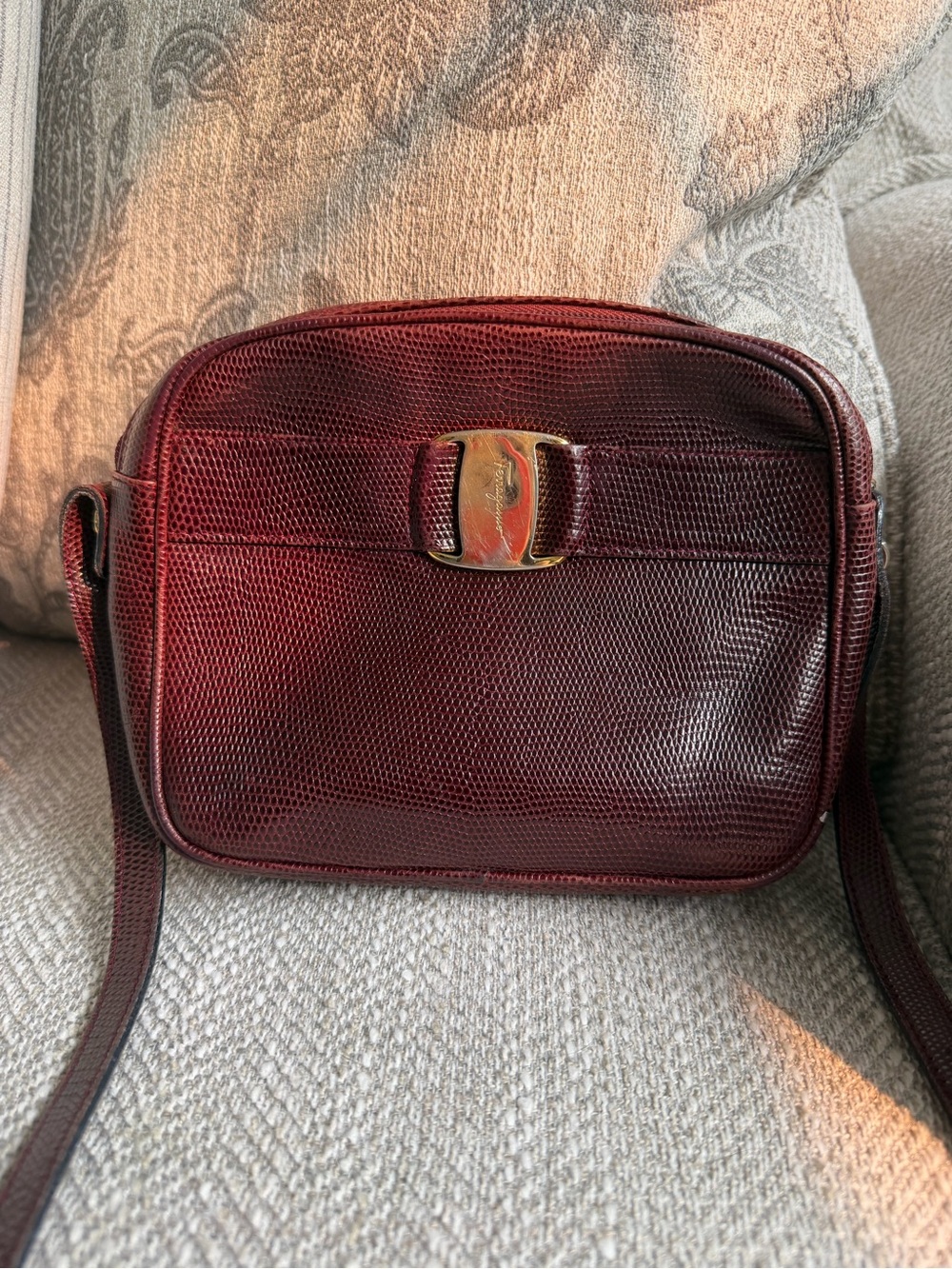 Vintage Salvatore Ferragamo Burgundy Lizard Embossed Leather Crossbody Bag